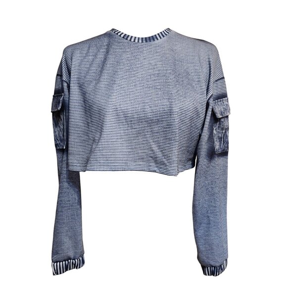 Micas Tops - Micas Womens Medium Gingham Print Long Sleeve Faux Denim Crop Top With Pockets